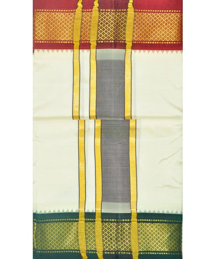 Men's Art Silk Dhoti with Gold Zari Border | Traditional Double Layer Vesti Mundu | 8 Mulam Pattu Dhoti with Angavastram | South Indian Ethnic Wear for Weddings & Festivals