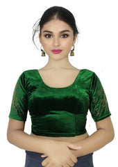 StylesIndia Women's Stretchable Velvet Blouse with Stone Work Embellishments | Deep U-Back Designer Saree Blouse | Festive & Party Wear DNO:555