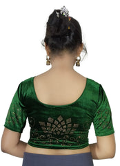 StylesIndia Women's Stretchable Velvet Blouse with Stone Work Embellishments | Deep U-Back Designer Saree Blouse | Festive & Party Wear DNO:555