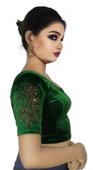 StylesIndia Women's Stretchable Velvet Blouse with Stone Work Embellishments | Deep U-Back Designer Saree Blouse | Festive & Party Wear DNO:555