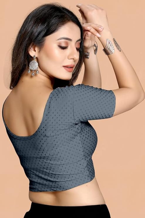Stylesindia Women's Cotton Lycra Stretchable Crop Top | Half Sleeve Dry Fit Gym Shirt | Athletic Workout Tee | Yoga, Running, Fitness Sports Top | Versatile Sari Blouse
