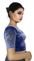 StylesIndia Women's Stretchable Velvet Blouse with Stone Work Embellishments | Deep U-Back Designer Saree Blouse | Festive & Party Wear DNO:555