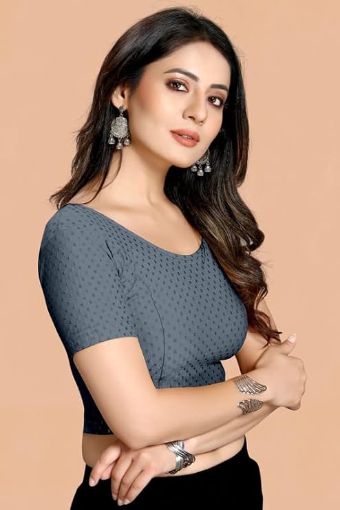 Stylesindia Women's Cotton Lycra Stretchable Crop Top | Half Sleeve Dry Fit Gym Shirt | Athletic Workout Tee | Yoga, Running, Fitness Sports Top | Versatile Sari Blouse