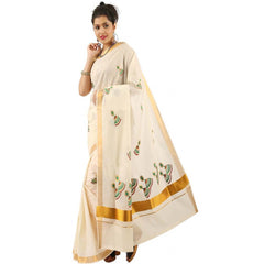 Stylesindia Cotton Kerala Kasavu Saree with Zari Embroidery & Blouse | Traditional Kuthampully Saree for Onam, Diwali, Pongal