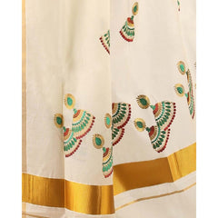 Stylesindia Cotton Kerala Kasavu Saree with Zari Embroidery & Blouse | Traditional Kuthampully Saree for Onam, Diwali, Pongal