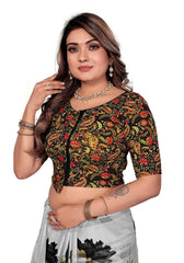 StylesIndia Kalamkari Prints Cotton Stretchable Womens Saree Blouse Elbow Sleeve Round Neck Crop Tops