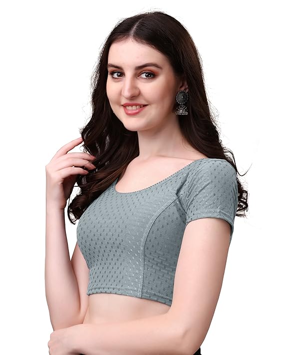 Stylesindia Women's Cotton Lycra Stretchable Crop Top | Half Sleeve Dry Fit Gym Shirt | Athletic Workout Tee | Yoga, Running, Fitness Sports Top | Versatile Sari Blouse