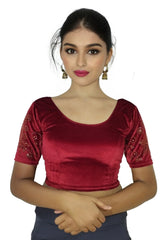 StylesIndia Women's Stretchable Velvet Blouse with Stone Work Embellishments | Deep U-Back Designer Saree Blouse | Festive & Party Wear DNO:555