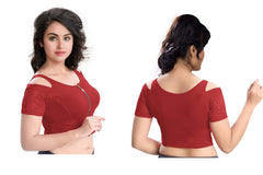 Stylesindia Women's Cool Shoulder Designer Blouse | Cotton Lycra Stretchable Zipper Crop Top | Ethnic & Party Wear DNo:113