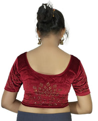 StylesIndia Women's Stretchable Velvet Blouse with Stone Work Embellishments | Deep U-Back Designer Saree Blouse | Festive & Party Wear DNO:555