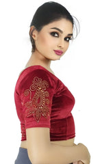 StylesIndia Women's Stretchable Velvet Blouse with Stone Work Embellishments | Deep U-Back Designer Saree Blouse | Festive & Party Wear DNO:555