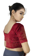 StylesIndia Women's Stretchable Velvet Blouse with Stone Work Embellishments | Deep U-Back Designer Saree Blouse | Festive & Party Wear DNO:555