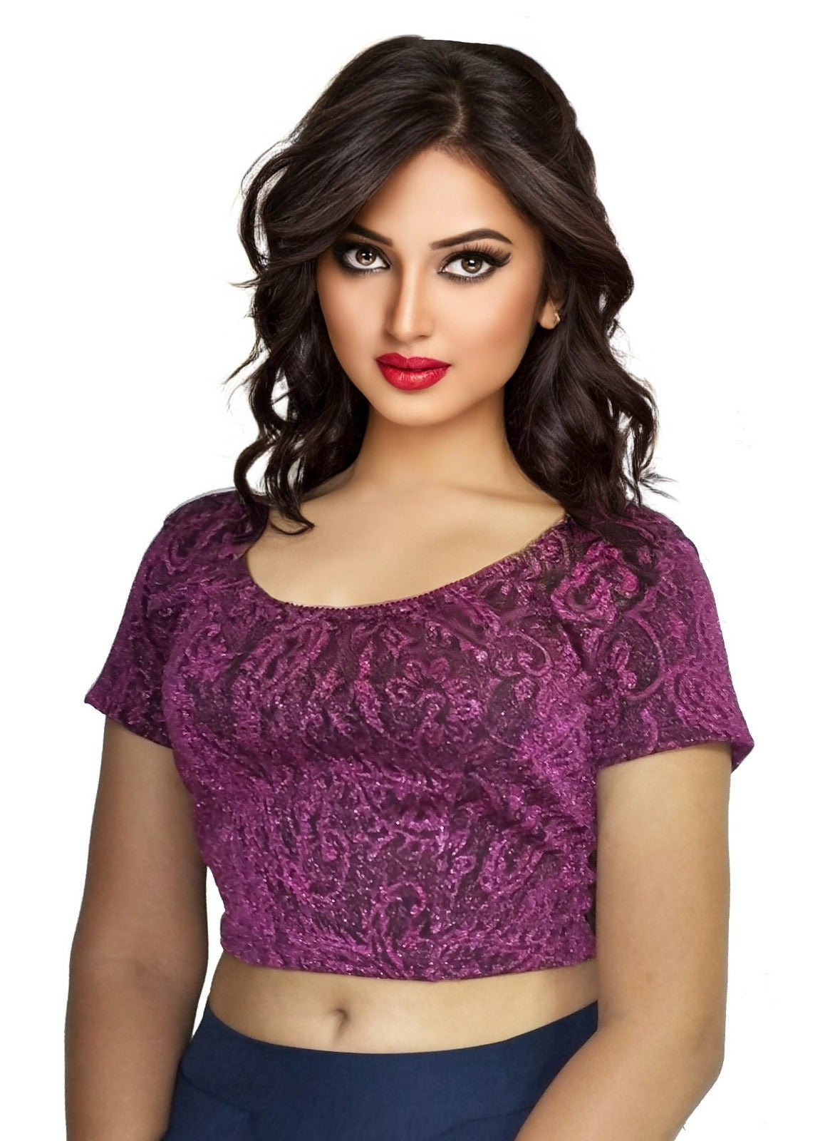 StylesIndia Women's Designer Metalic Lycra Blouse | Stretchable Short Sleeve Crop Top | Elegant Party & Ethnic Wear DNO:121