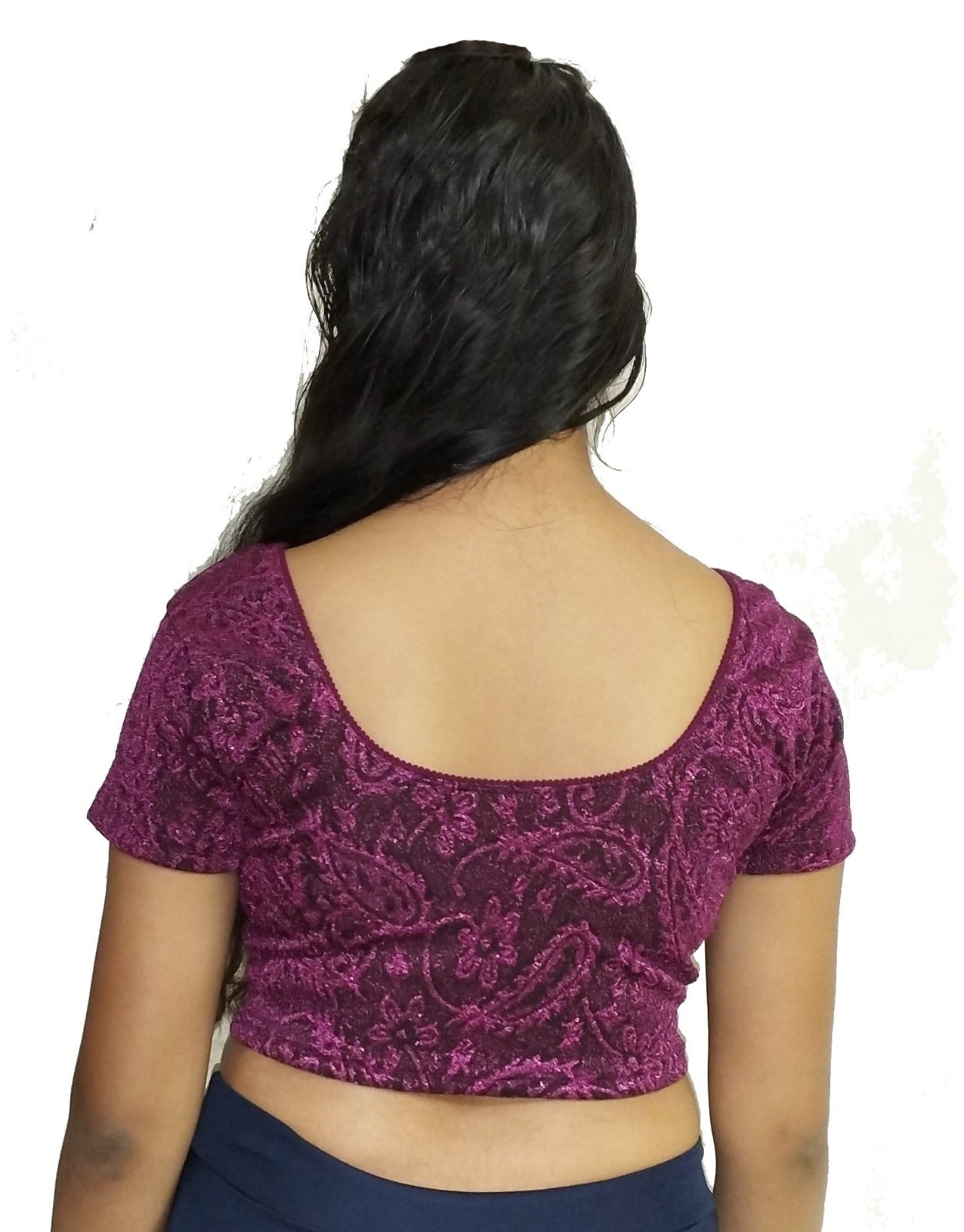 StylesIndia Women's Designer Metalic Lycra Blouse | Stretchable Short Sleeve Crop Top | Elegant Party & Ethnic Wear DNO:121