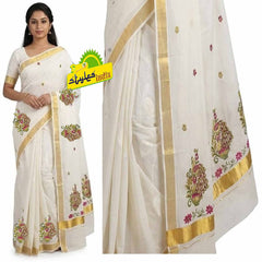Stylesindia Cotton Kerala Kasavu Saree with Zari Embroidery & Blouse | Traditional Kuthampully Saree for Onam, Diwali, Pongal