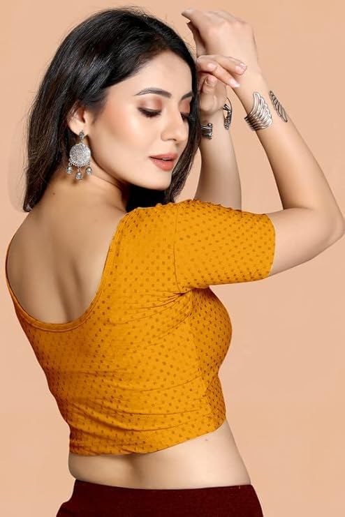 Stylesindia Women's Cotton Lycra Stretchable Crop Top | Half Sleeve Dry Fit Gym Shirt | Athletic Workout Tee | Yoga, Running, Fitness Sports Top | Versatile Sari Blouse