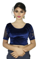 StylesIndia Women's Stretchable Velvet Blouse with Stone Work Embellishments | Deep U-Back Designer Saree Blouse | Festive & Party Wear DNO:555