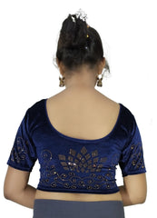 StylesIndia Women's Stretchable Velvet Blouse with Stone Work Embellishments | Deep U-Back Designer Saree Blouse | Festive & Party Wear DNO:555