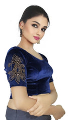StylesIndia Women's Stretchable Velvet Blouse with Stone Work Embellishments | Deep U-Back Designer Saree Blouse | Festive & Party Wear DNO:555