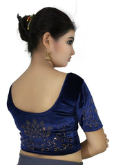 StylesIndia Women's Stretchable Velvet Blouse with Stone Work Embellishments | Deep U-Back Designer Saree Blouse | Festive & Party Wear DNO:555