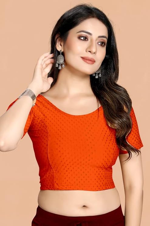 Stylesindia Women's Cotton Lycra Stretchable Crop Top | Half Sleeve Dry Fit Gym Shirt | Athletic Workout Tee | Yoga, Running, Fitness Sports Top | Versatile Sari Blouse