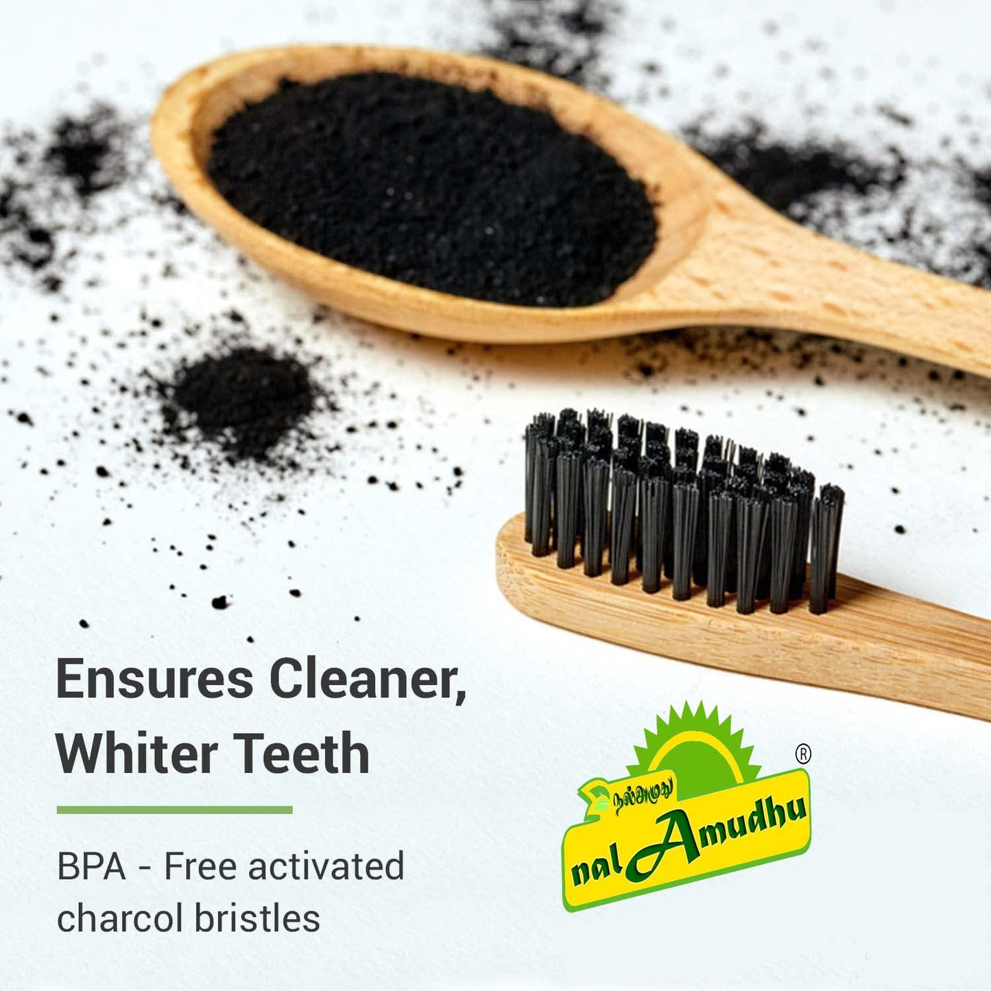 nalAmudhu Bamboo Toothbrush with Charcoal Activated Soft Bristles - Gentle on Teeth, Light Weight, Eco Friendly,Vegan, Natural & Zerowaste-Dental & Oral Care - Pack of 4