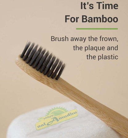 nalAmudhu Bamboo Toothbrush with Charcoal Activated Soft Bristles - Gentle on Teeth, Light Weight, Eco Friendly,Vegan, Natural & Zerowaste-Dental & Oral Care - Pack of 4