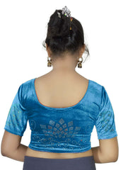 StylesIndia Women's Stretchable Velvet Blouse with Stone Work Embellishments | Deep U-Back Designer Saree Blouse | Festive & Party Wear DNO:555
