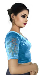 StylesIndia Women's Stretchable Velvet Blouse with Stone Work Embellishments | Deep U-Back Designer Saree Blouse | Festive & Party Wear DNO:555