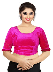 StylesIndia Women's Stretchable Velvet Blouse with Stone Work Embellishments | Deep U-Back Designer Saree Blouse | Festive & Party Wear DNO:555