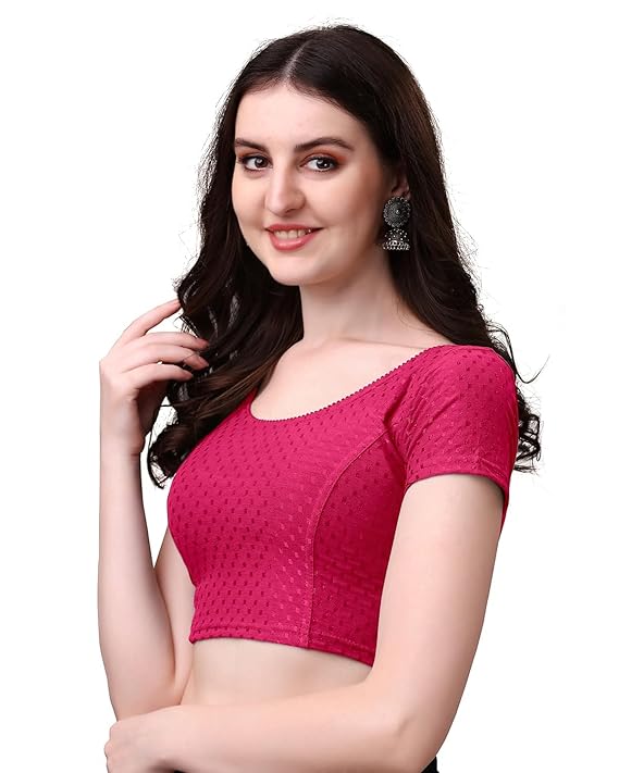 Stylesindia Women's Cotton Lycra Stretchable Crop Top | Half Sleeve Dry Fit Gym Shirt | Athletic Workout Tee | Yoga, Running, Fitness Sports Top | Versatile Sari Blouse