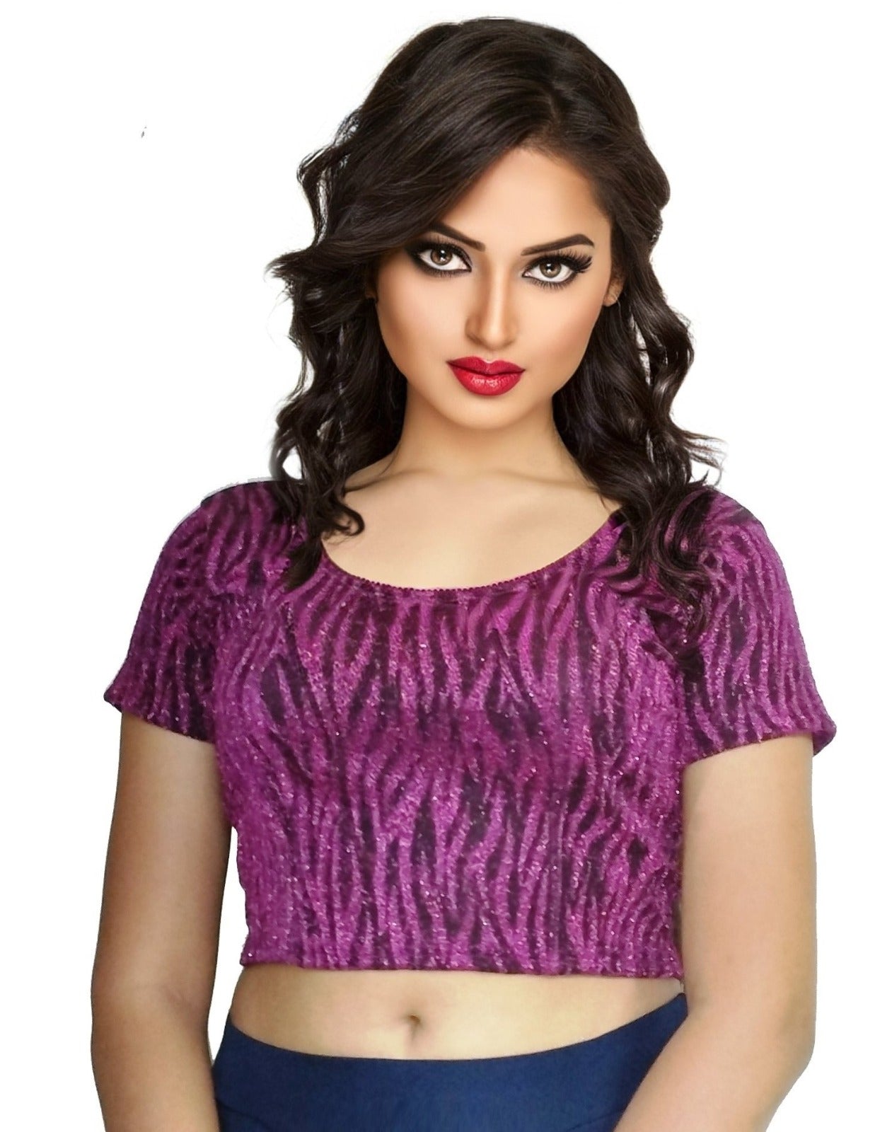 StylesIndia Women's Designer Metalic Lycra Blouse | Stretchable Short Sleeve Crop Top | Elegant Party & Ethnic Wear DNO:121