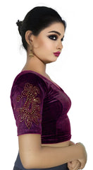StylesIndia Women's Stretchable Velvet Blouse with Stone Work Embellishments | Deep U-Back Designer Saree Blouse | Festive & Party Wear DNO:555