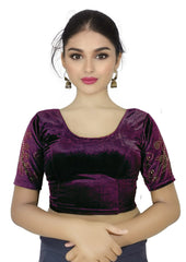 StylesIndia Women's Stretchable Velvet Blouse with Stone Work Embellishments | Deep U-Back Designer Saree Blouse | Festive & Party Wear DNO:555