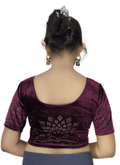 StylesIndia Women's Stretchable Velvet Blouse with Stone Work Embellishments | Deep U-Back Designer Saree Blouse | Festive & Party Wear DNO:555