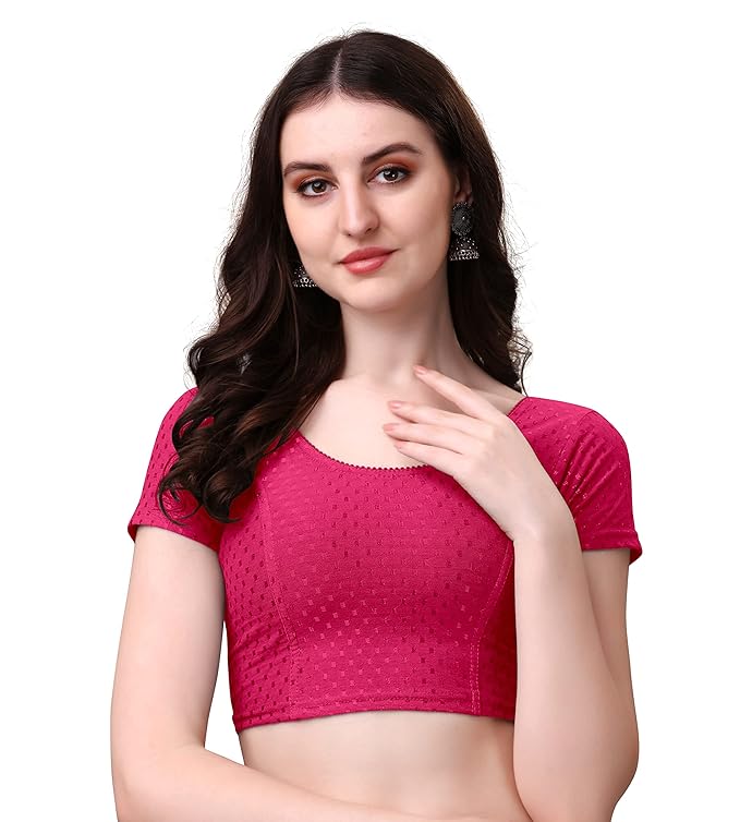 Stylesindia Women's Cotton Lycra Stretchable Crop Top | Half Sleeve Dry Fit Gym Shirt | Athletic Workout Tee | Yoga, Running, Fitness Sports Top | Versatile Sari Blouse