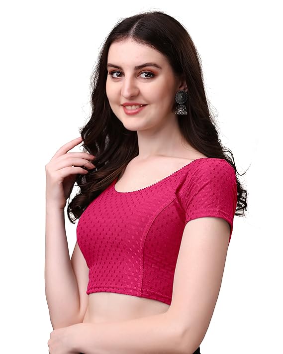 Stylesindia Women's Cotton Lycra Stretchable Crop Top | Half Sleeve Dry Fit Gym Shirt | Athletic Workout Tee | Yoga, Running, Fitness Sports Top | Versatile Sari Blouse