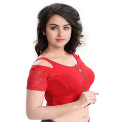 Stylesindia Women's Cool Shoulder Designer Blouse | Cotton Lycra Stretchable Zipper Crop Top | Ethnic & Party Wear DNo:113