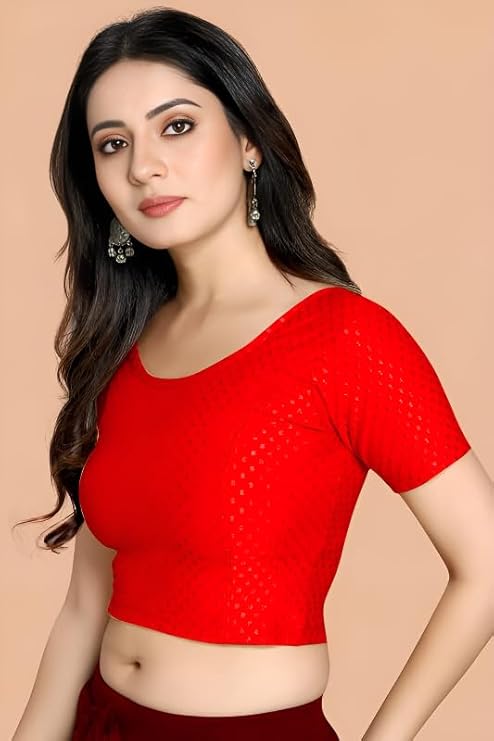 Stylesindia Women's Cotton Lycra Stretchable Crop Top | Half Sleeve Dry Fit Gym Shirt | Athletic Workout Tee | Yoga, Running, Fitness Sports Top | Versatile Sari Blouse