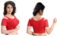 Stylesindia Women's Cool Shoulder Designer Blouse | Cotton Lycra Stretchable Zipper Crop Top | Ethnic & Party Wear DNo:113