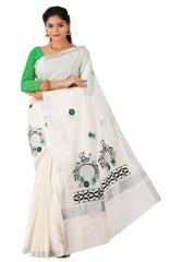 Stylesindia Cotton Kerala Kasavu Saree with Zari Embroidery & Blouse | Traditional Kuthampully Saree for Onam, Diwali, Pongal