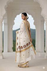 Stylesindia Cotton Kerala Kasavu Saree with Zari Embroidery & Blouse | Traditional Kuthampully Saree for Onam, Diwali, Pongal