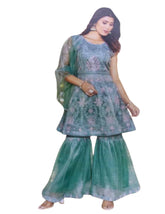 Women's Premium Organza Sharara Suit Set - Silver Zari Embroidered Sleeveless Short Kurti with Flared Sharara & Dupatta - Elegant Indian Ethnic Party Wear Outfit