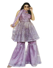Women's Premium Organza Sharara Suit Set - Silver Zari Embroidered Sleeveless Short Kurti with Flared Sharara & Dupatta - Elegant Indian Ethnic Party Wear Outfit