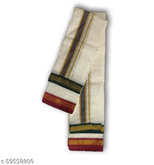 Men's Art Silk Dhoti with Gold Zari Border | Traditional Double Layer Vesti Mundu | 8 Mulam Pattu Dhoti with Angavastram | South Indian Ethnic Wear for Weddings & Festivals