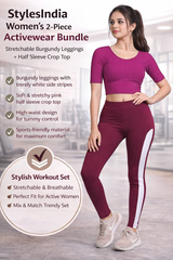 Women’s 2-Piece Activewear Set – High Waist Stretchable Leggings with Side Stripe & Half Sleeve Crop Top | Gym, Yoga, Athleisure Outfit