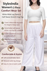 Women’s 2-Piece Lounge & Casual Set – White Wide Leg Pants with Elastic Waist & Half Sleeve Stretch Crop Top | Comfortable Everyday Wear Outfit