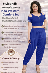 Women’s 2-Piece Co-Ord Set – Stretchable Blue Harem Pants with Elastic Waist & Cold Shoulder Zipper Crop Top | Indo-Western Casual Outfit