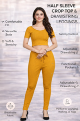 Women’s 2-Piece Co-Ord Set – Mustard Stretchable Pants with Elastic Waist & Half Sleeve Crop Top | Casual, Lounge & Everyday Wear Outfit