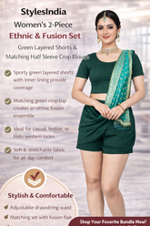 Women’s 2-Piece Ethnic Fusion Set – Stretchable Layered Skort/Shorts with Built-in Shorts & Half Sleeve Crop Blouse | Casual, Festive & Indo-Western Wear